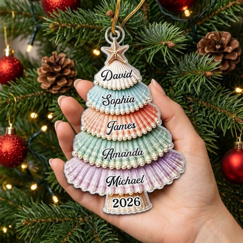 Seashell Christmas Tree Ornament Personalized Coastal Scallop Shell Acrylic Keepsake Custom Family N on a hanger, ready to ship from Austin, Texas