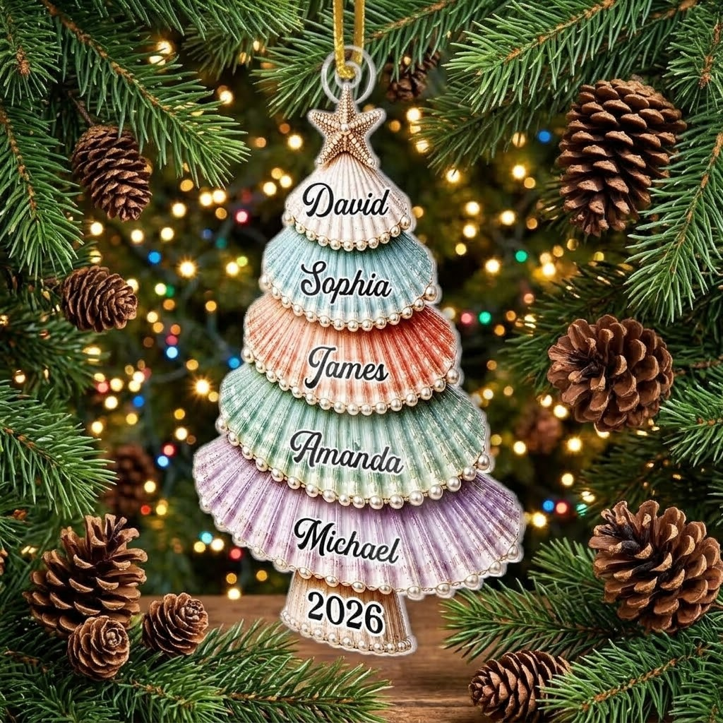 Customer in Austin, Texas wearing Seashell Christmas Tree Ornament Personalized Coastal Scallop Shell Acrylic Keepsake Custom Family N