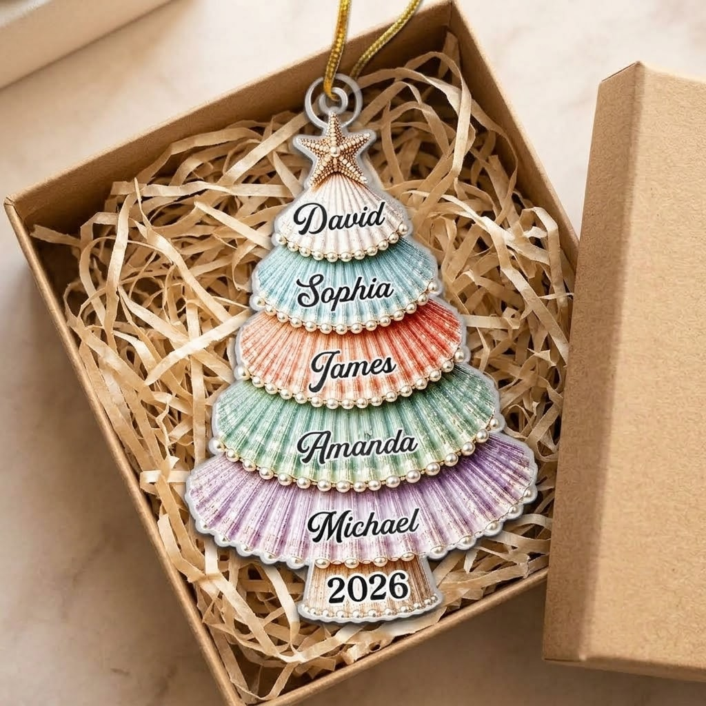 Close-up of Seashell Christmas Tree Ornament Personalized Coastal Scallop Shell Acrylic Keepsake Custom Family N for streetwear fans in Austin, Texas