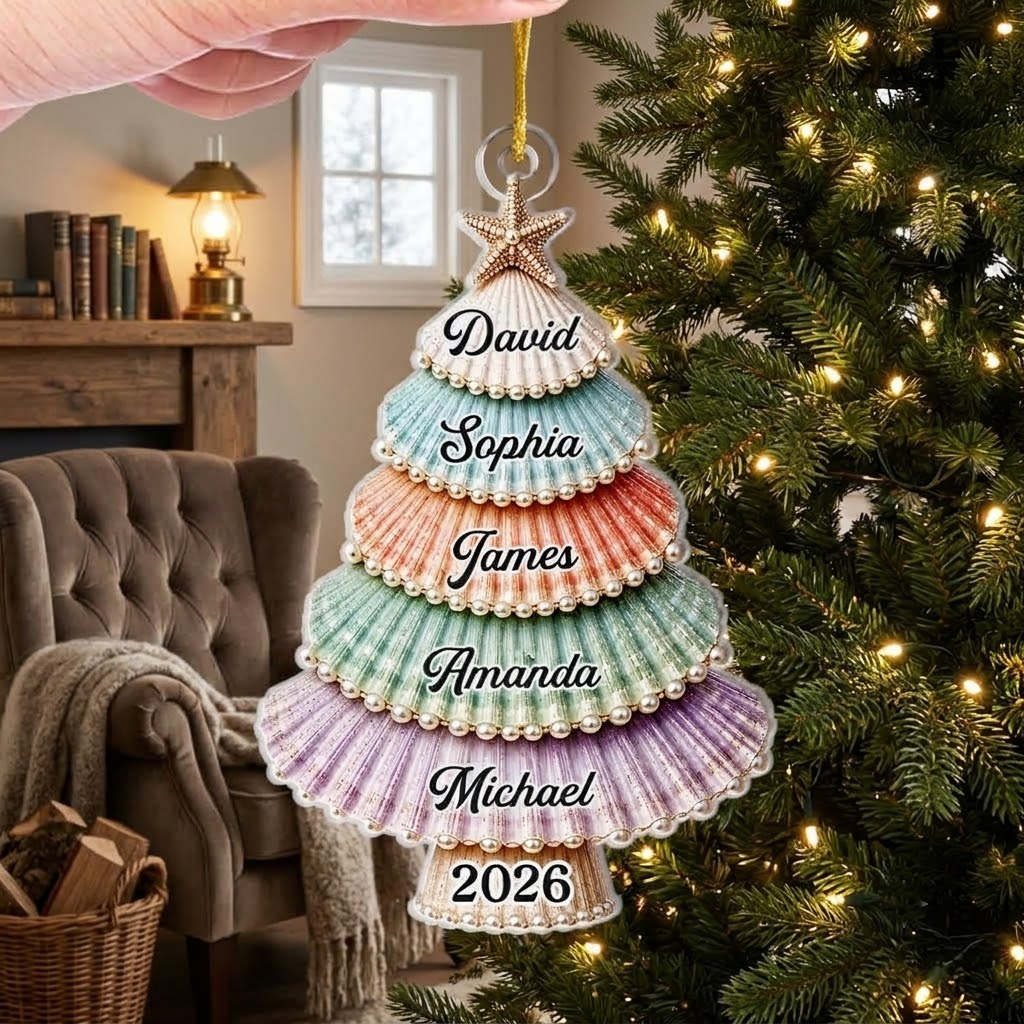 Customer in Austin, Texas wearing Seashell Christmas Tree Ornament Personalized Coastal Scallop Shell Acrylic Keepsake Custom Family N