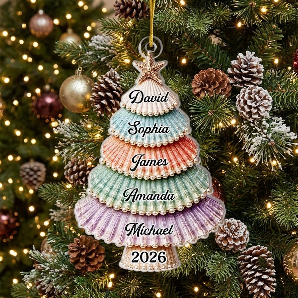 Seashell Christmas Tree Ornament Personalized Coastal Scallop Shell Acrylic Keepsake Custom Family N available at our Austin, Texas warehouse