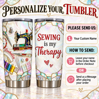 Instructional graphic showing two custom name tumblers with sewing machine design and steps on how to order personalization.