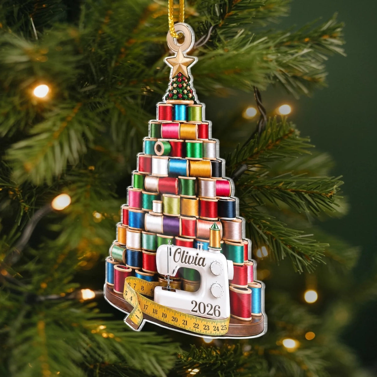 Customer in Austin, Texas wearing Sewing Themed Christmas Tree Ornament, Thread Spool Tree With Sewing Machine Personalized Custom Nam
