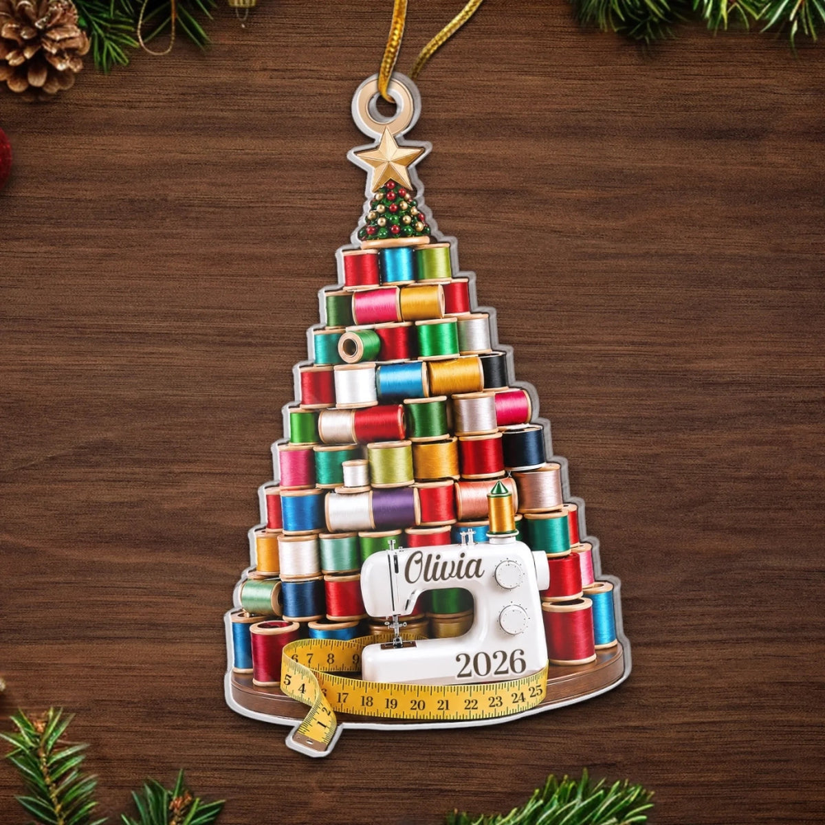 Close-up of Sewing Themed Christmas Tree Ornament, Thread Spool Tree With Sewing Machine Personalized Custom Nam for streetwear fans in Austin, Texas
