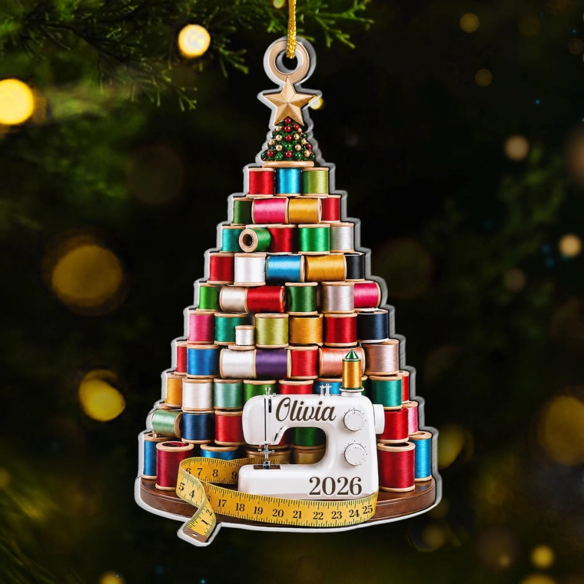Sewing Themed Christmas Tree Ornament, Thread Spool Tree With Sewing Machine Personalized Custom Nam available at our Austin, Texas warehouse