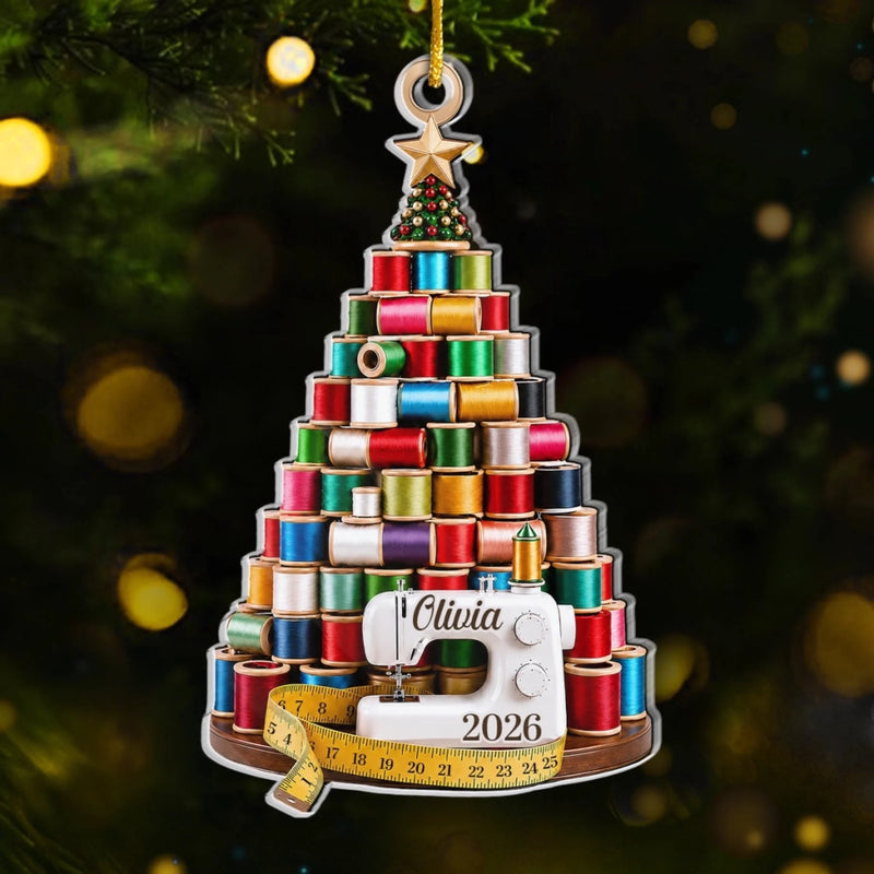 Sewing Themed Christmas Tree Ornament, Thread Spool Tree With Sewing Machine Personalized Custom Nam available at our Austin, Texas warehouse