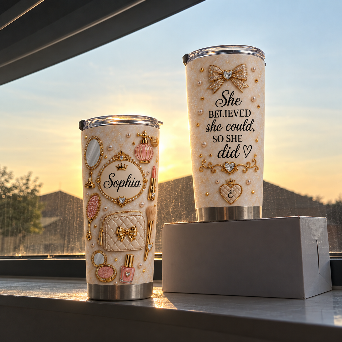 Two custom vanity quote tumblers on a ledge with a warm sunset sky and trees visible through the window behind.