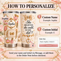 Instruction graphic showing how to personalize the tumbler with a custom name and initial for order checkout.