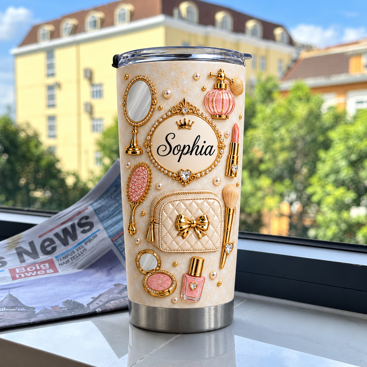Personalized gold pearl vanity tumbler displayed on a windowsill with a newspaper and blurred building background.