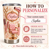 How to personalize infographic showing custom name tumbler for hairstylists with order note instructions and pink floral