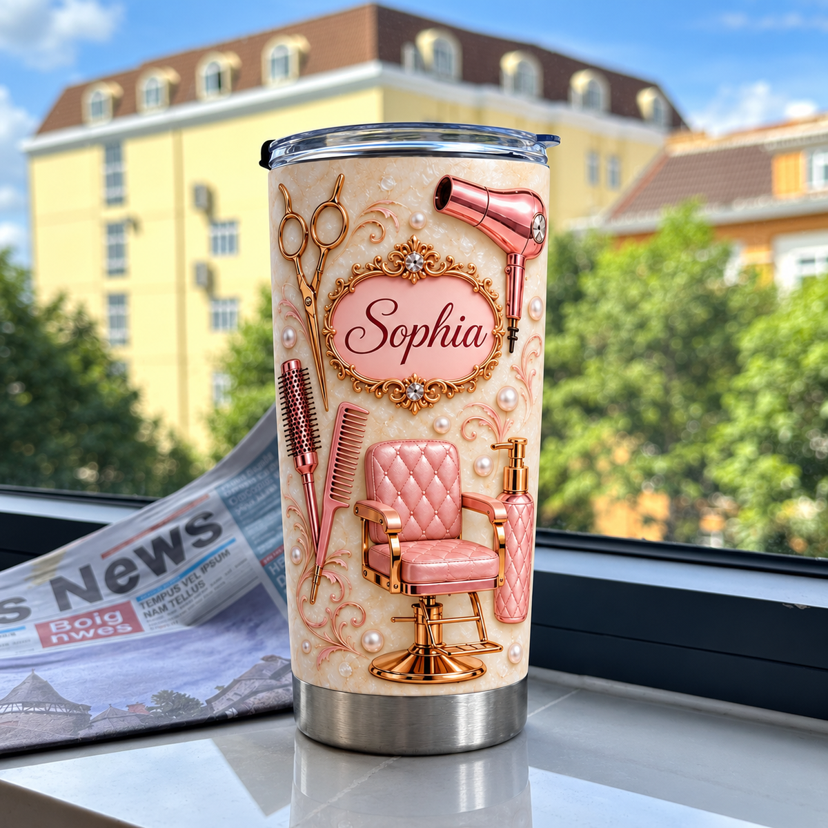 Stainless steel tumbler for cosmetologists featuring rose gold salon chair design on windowsill with newspaper and building