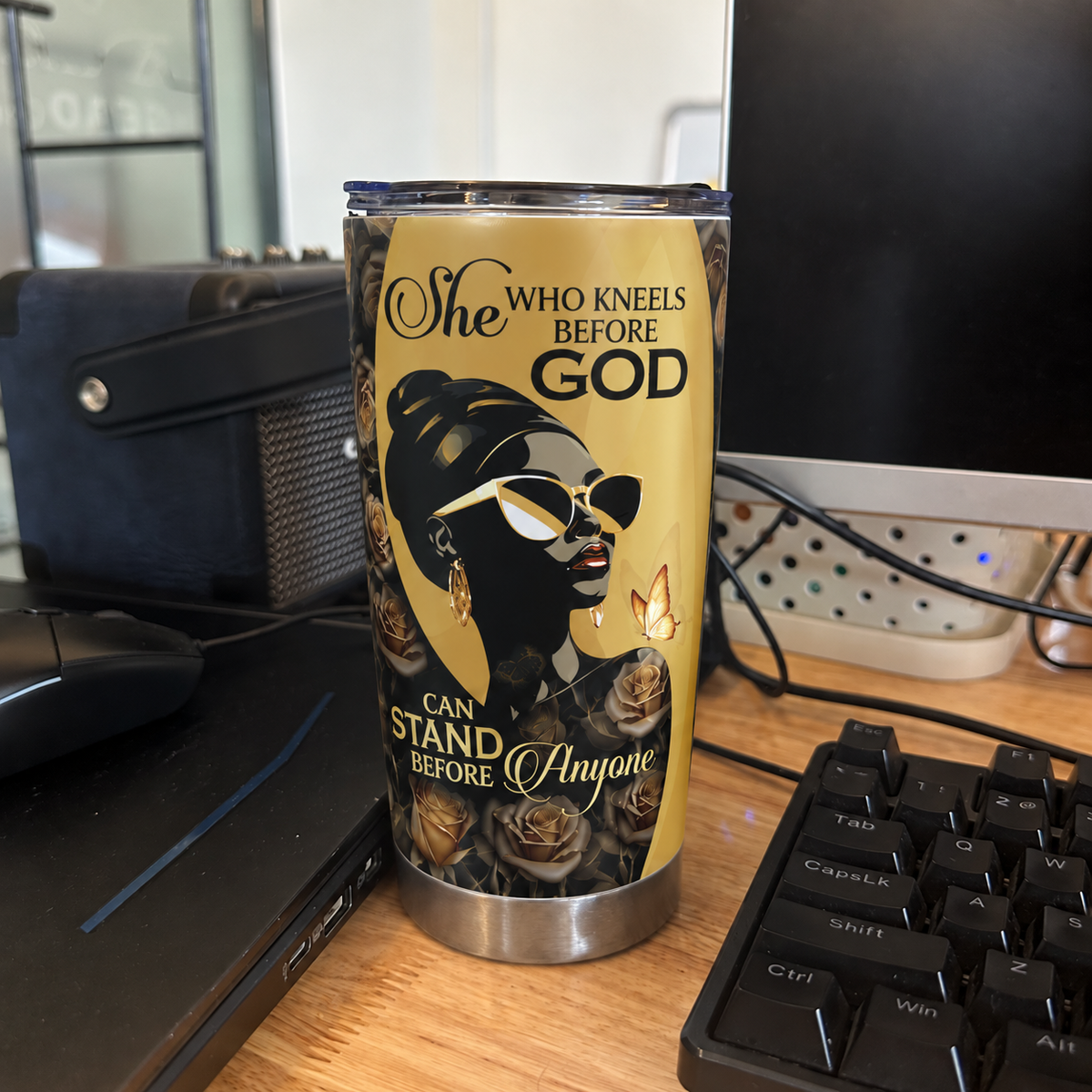 Close-up of She Who Kneels Before God Can Stand Before Anyone Christian Tumbler Personalized Faith Gift For Wome for streetwear fans in Austin, Texas