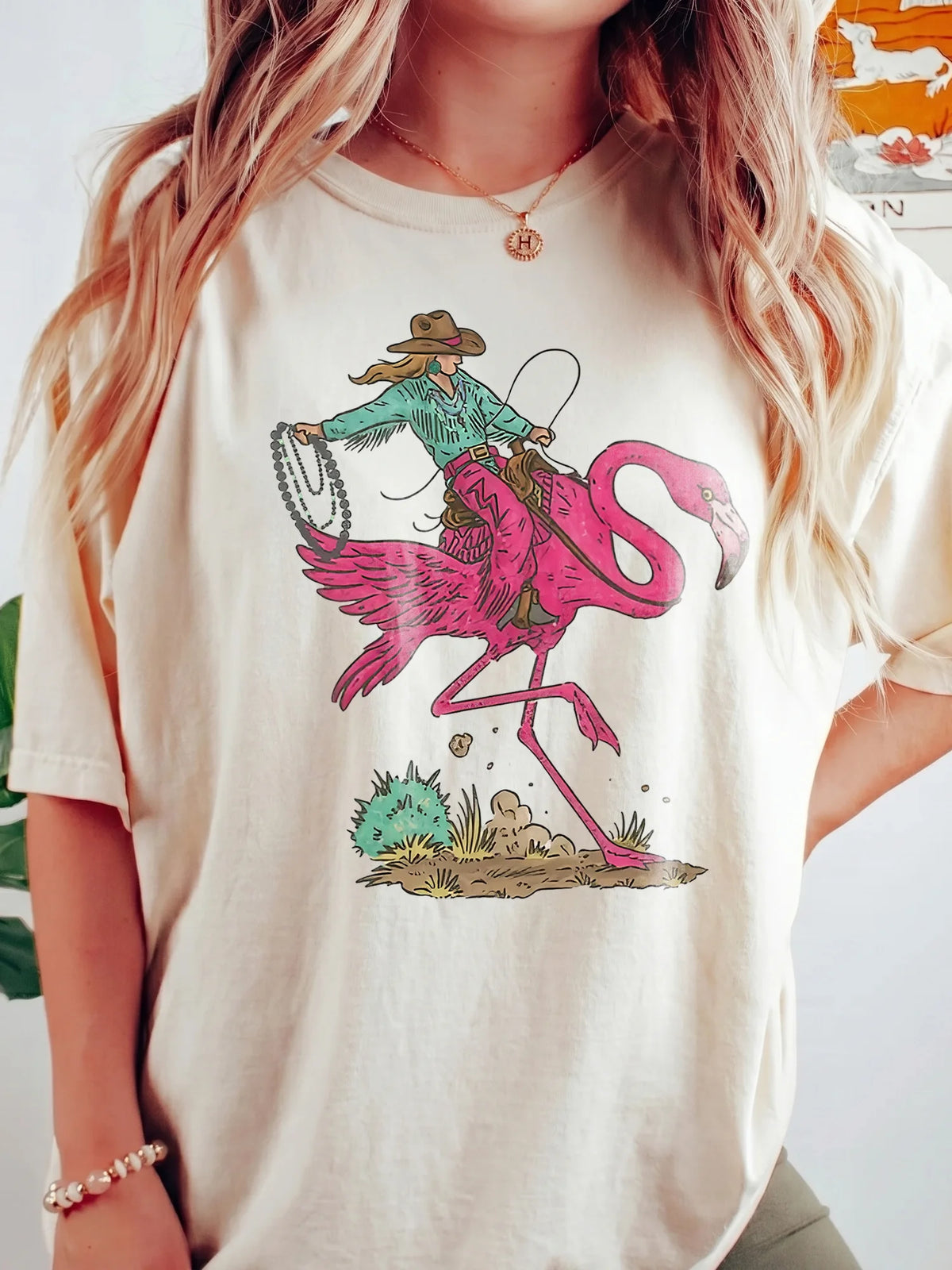 Cowboy Riding Flamingo Women's Sleeveless Tank Top - Funny Western Summer Graphic Shirt