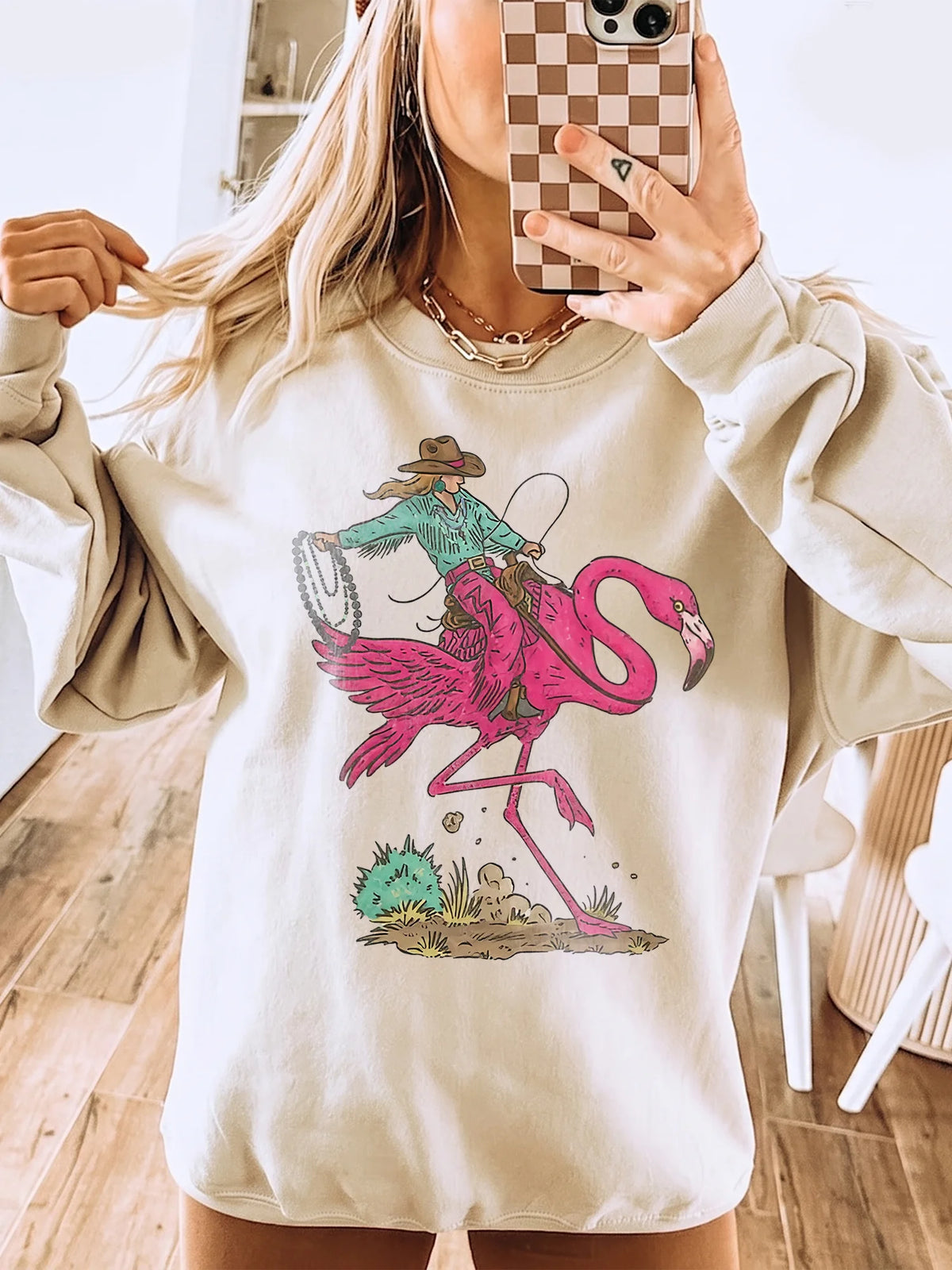 Cowboy Riding Flamingo Women's Sleeveless Tank Top - Funny Western Summer Graphic Shirt