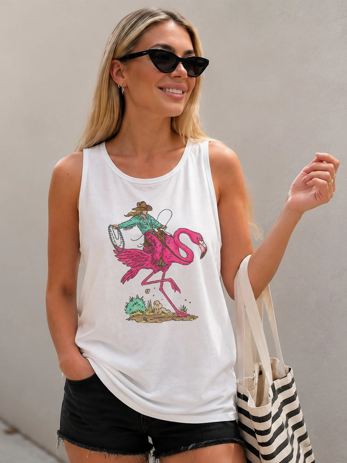 Cowboy Riding Flamingo Women's Sleeveless Tank Top - Funny Western Summer Graphic Shirt