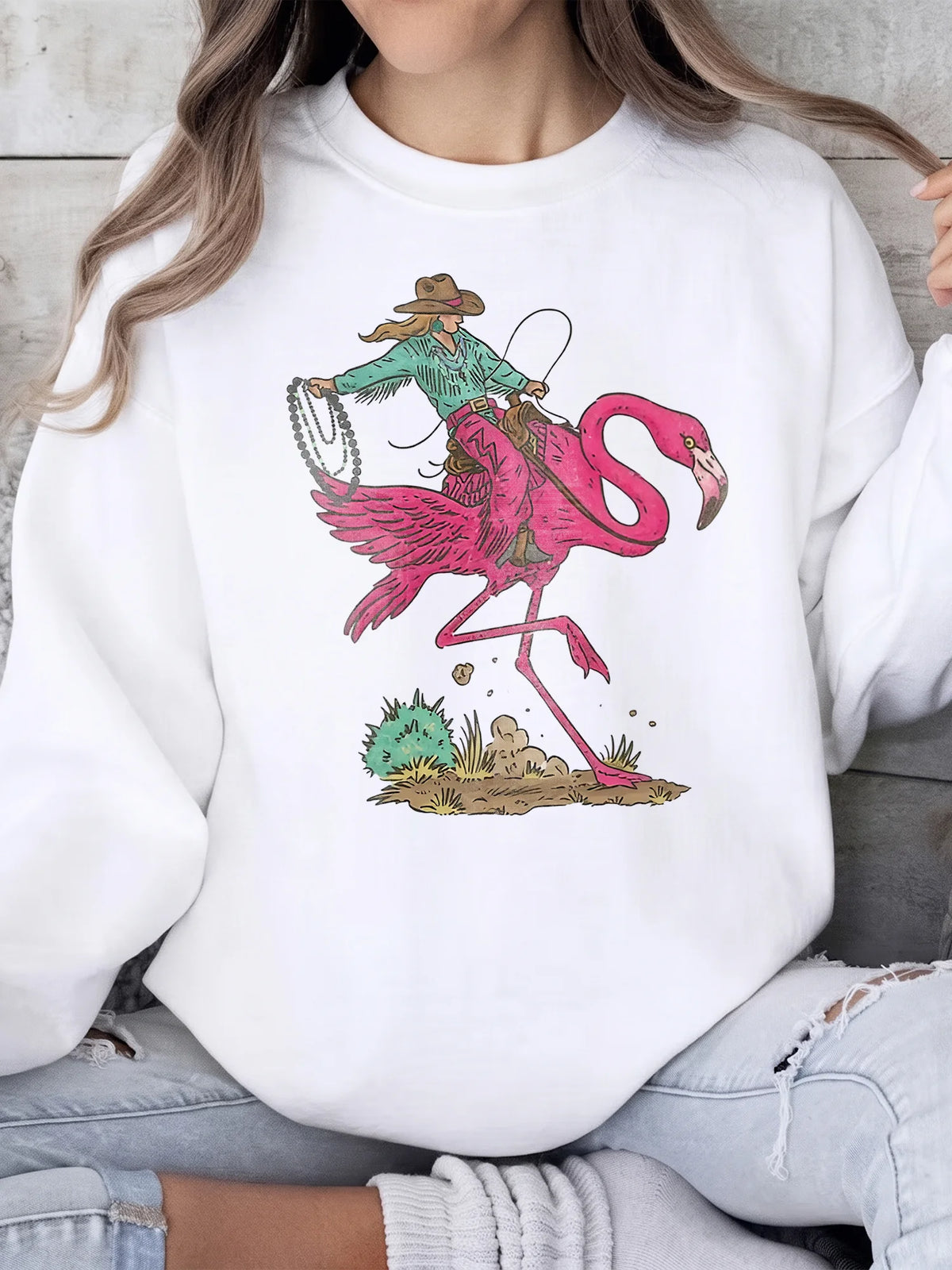 Cowboy Riding Flamingo Women's Sleeveless Tank Top - Funny Western Summer Graphic Shirt
