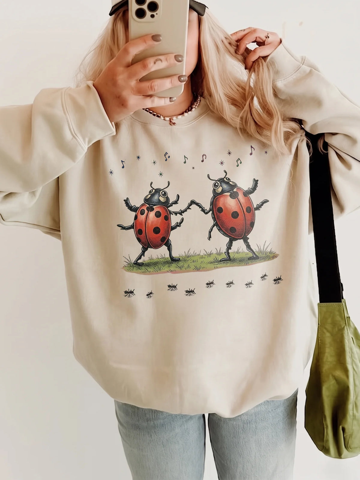 Vintage Dancing Ladybugs Sweatshirt Whimsical Insect Illustration Crewneck Cottagecore Bug Sweater Nature Lover Gift
