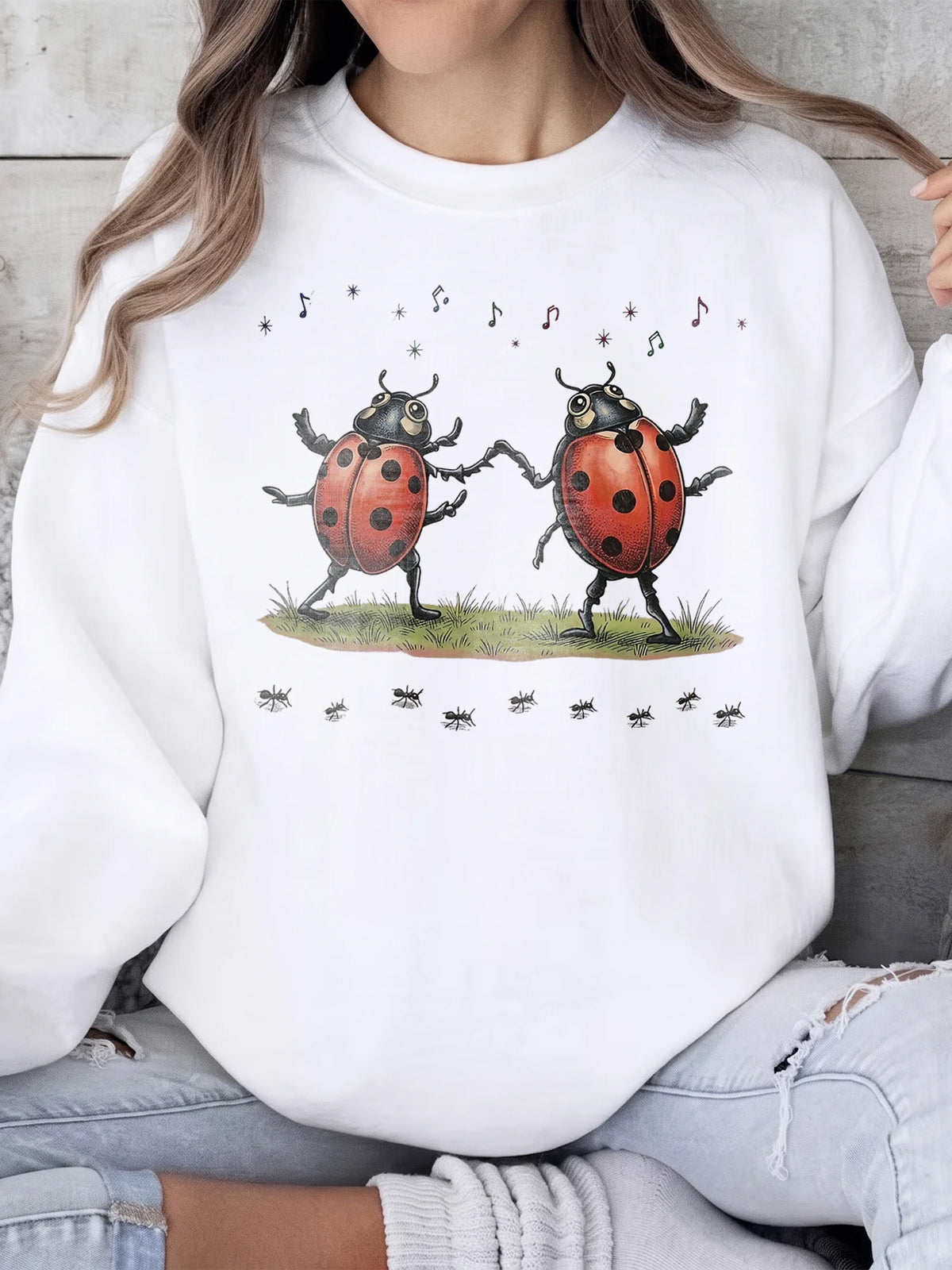 Vintage Dancing Ladybugs Sweatshirt Whimsical Insect Illustration Crewneck Cottagecore Bug Sweater Nature Lover Gift