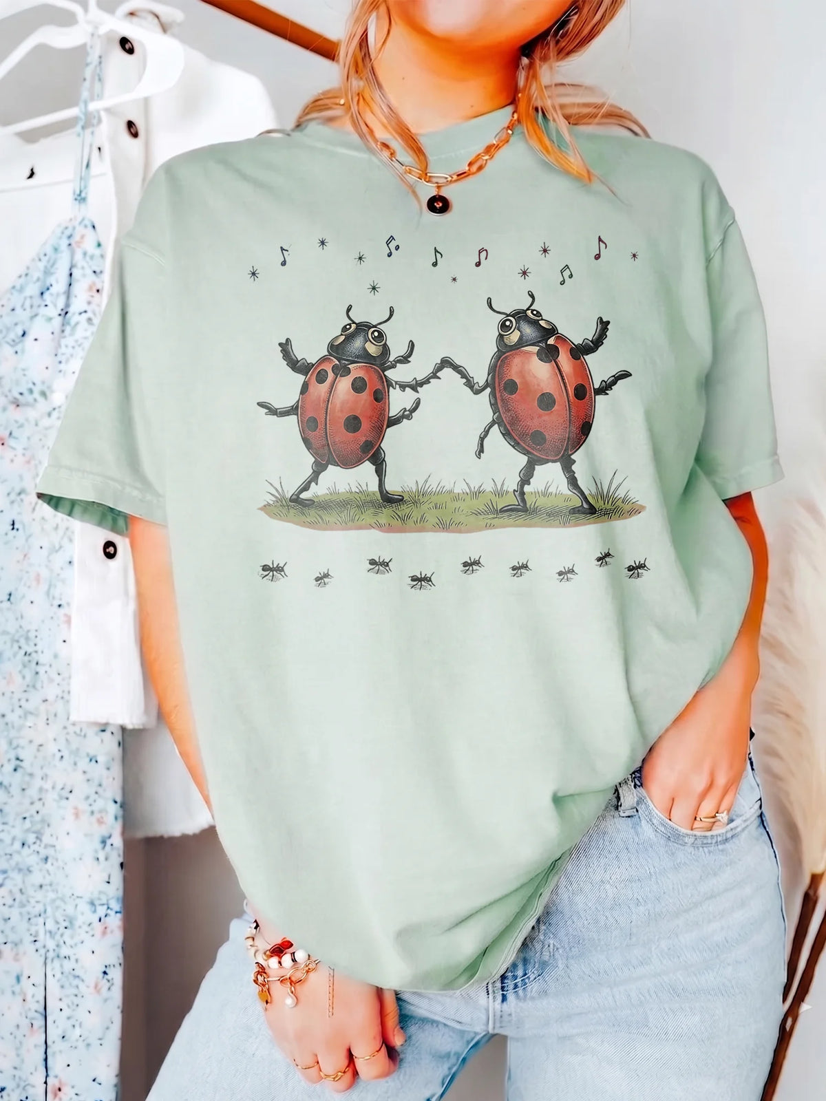 Vintage Dancing Ladybugs Sweatshirt Whimsical Insect Illustration Crewneck Cottagecore Bug Sweater Nature Lover Gift