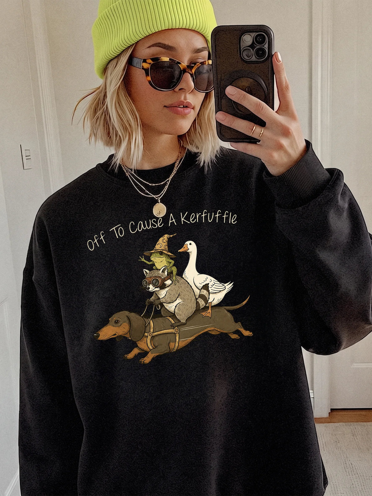 Funny Animal Graphic Sweatshirt Off To Cause A Kerfuffle Quirky Dachshund Raccoon Crewneck
