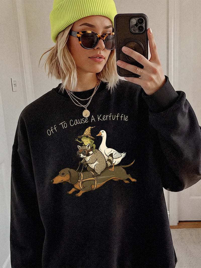Funny Animal Graphic Sweatshirt Off To Cause A Kerfuffle Quirky Dachshund Raccoon Crewneck