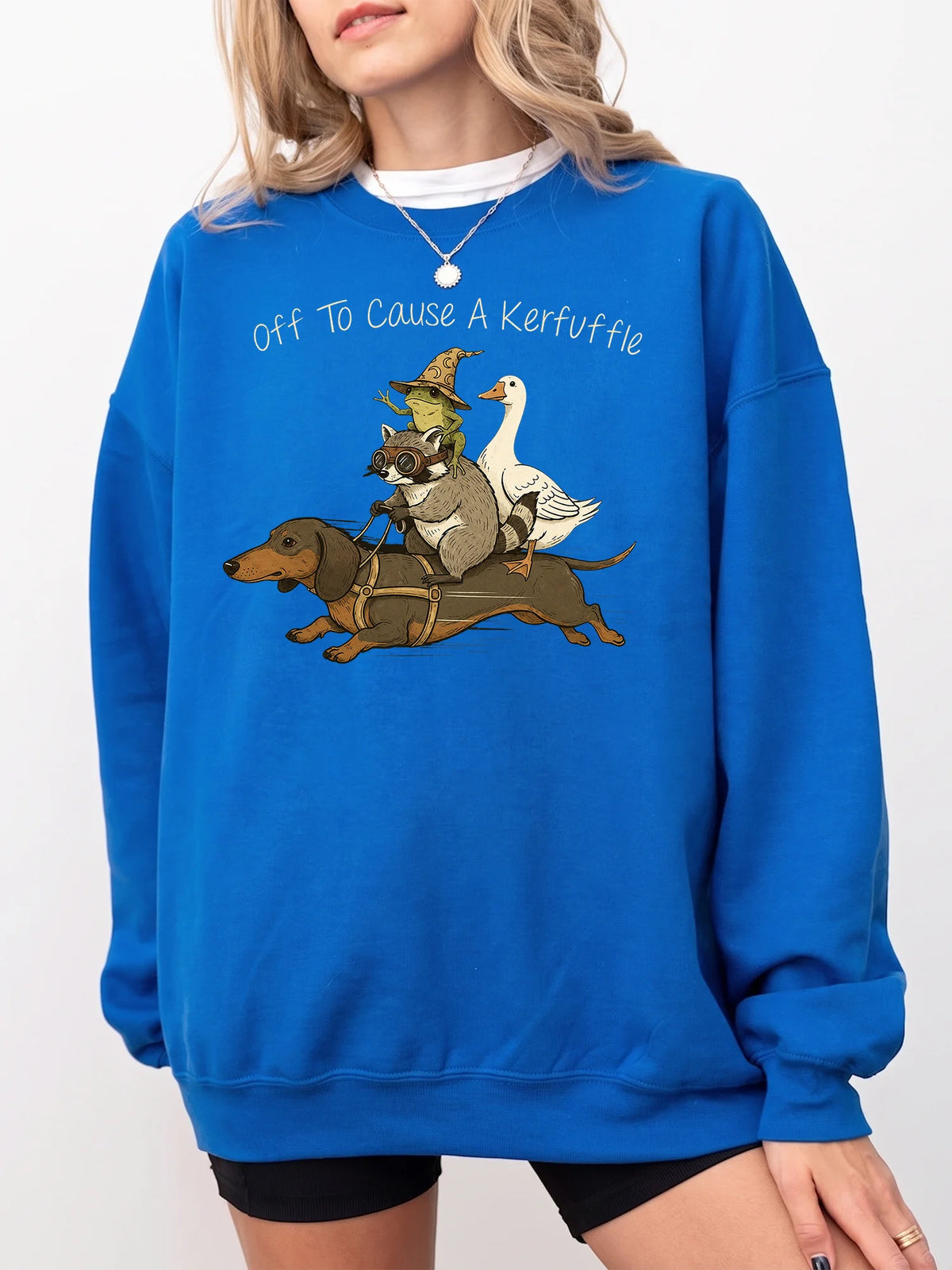 Funny Animal Graphic Sweatshirt Off To Cause A Kerfuffle Quirky Dachshund Raccoon Crewneck