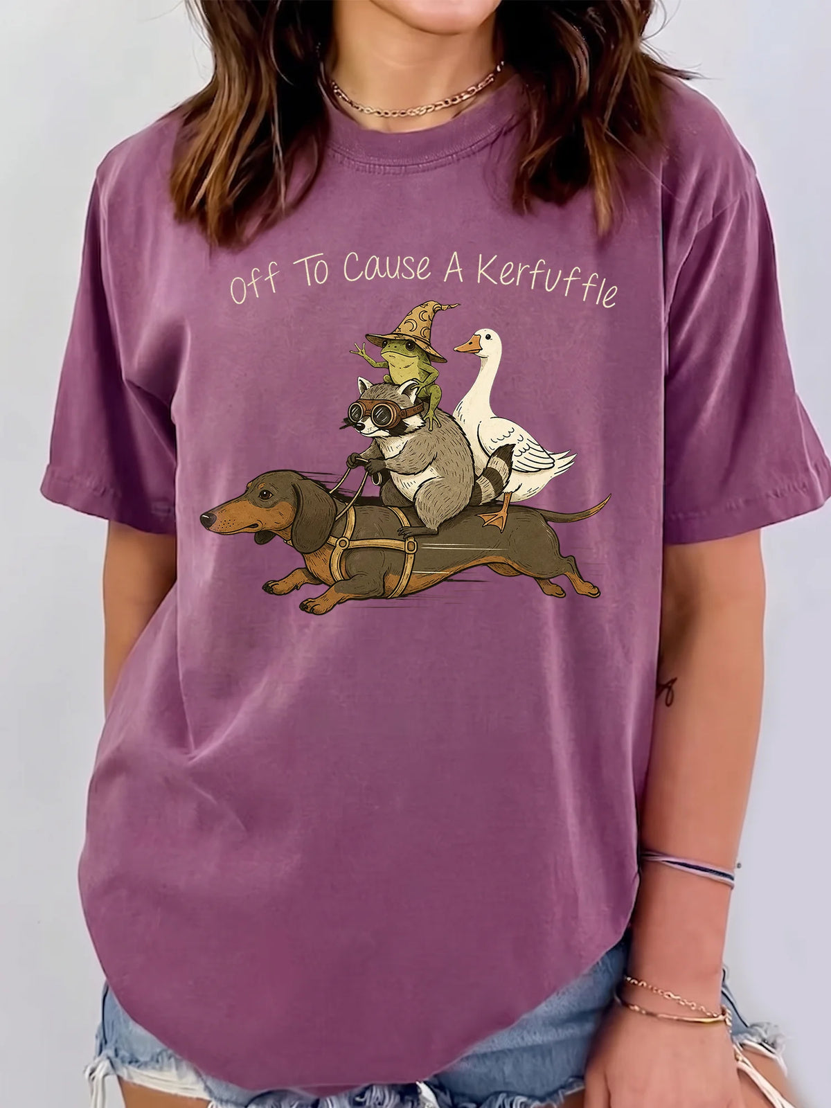 Funny Animal Graphic Sweatshirt Off To Cause A Kerfuffle Quirky Dachshund Raccoon Crewneck