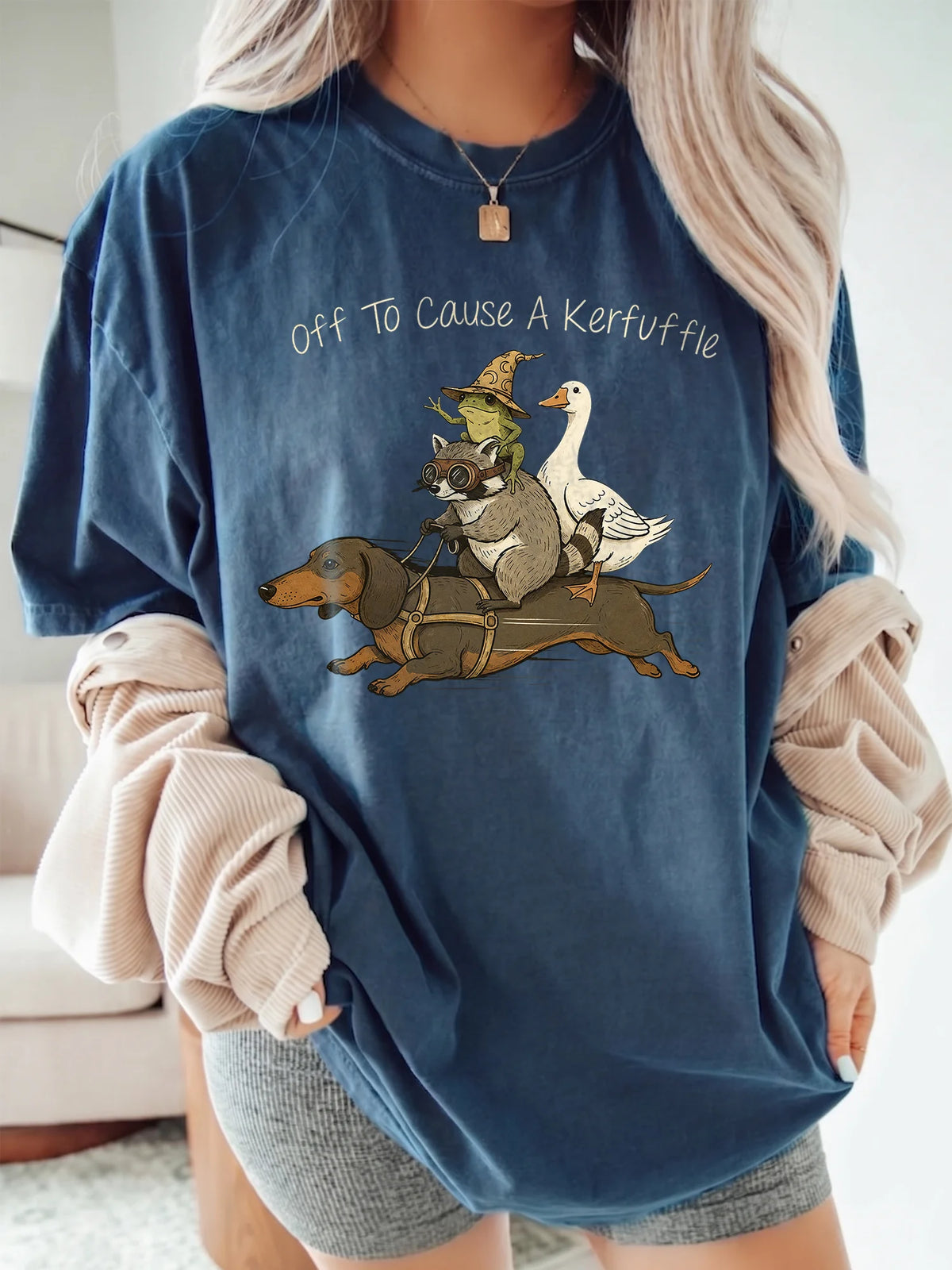 Funny Animal Graphic Sweatshirt Off To Cause A Kerfuffle Quirky Dachshund Raccoon Crewneck