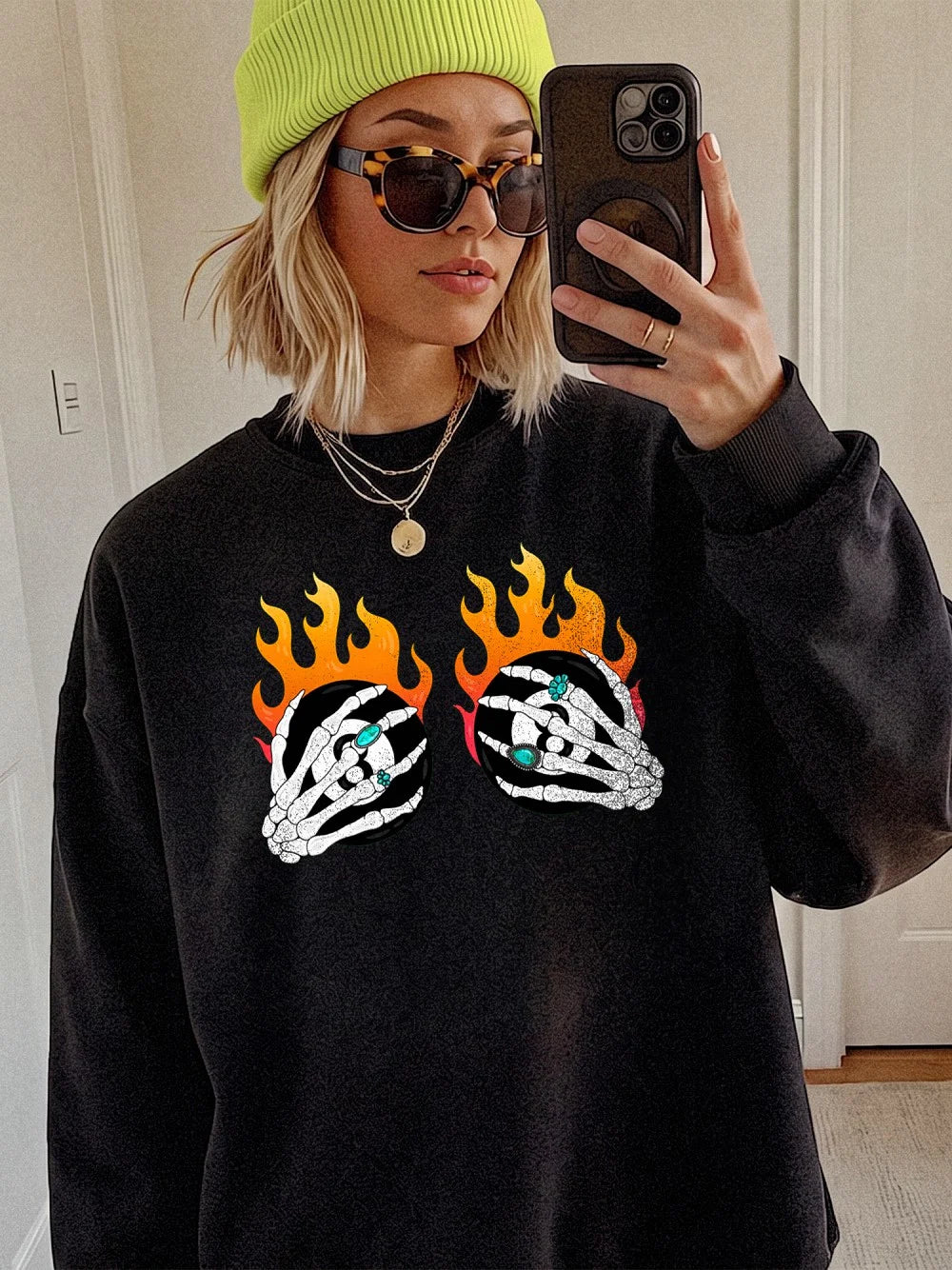 Flaming Skeleton Hands Gothic Sweatshirt Edgy Halloween Streetwear Pullover