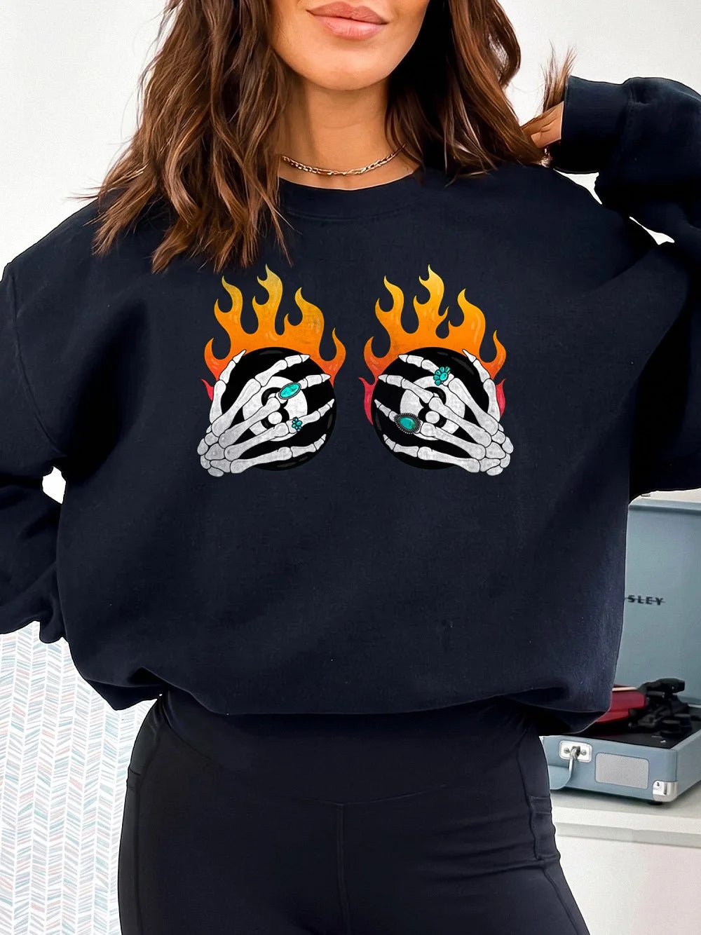 Flaming Skeleton Hands Gothic Sweatshirt Edgy Halloween Streetwear Pullover