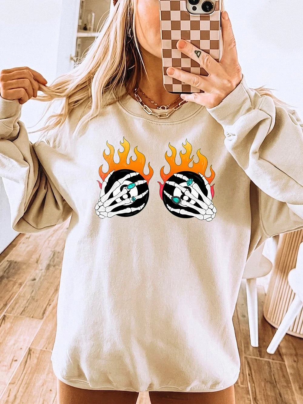 Flaming Skeleton Hands Gothic Sweatshirt Edgy Halloween Streetwear Pullover