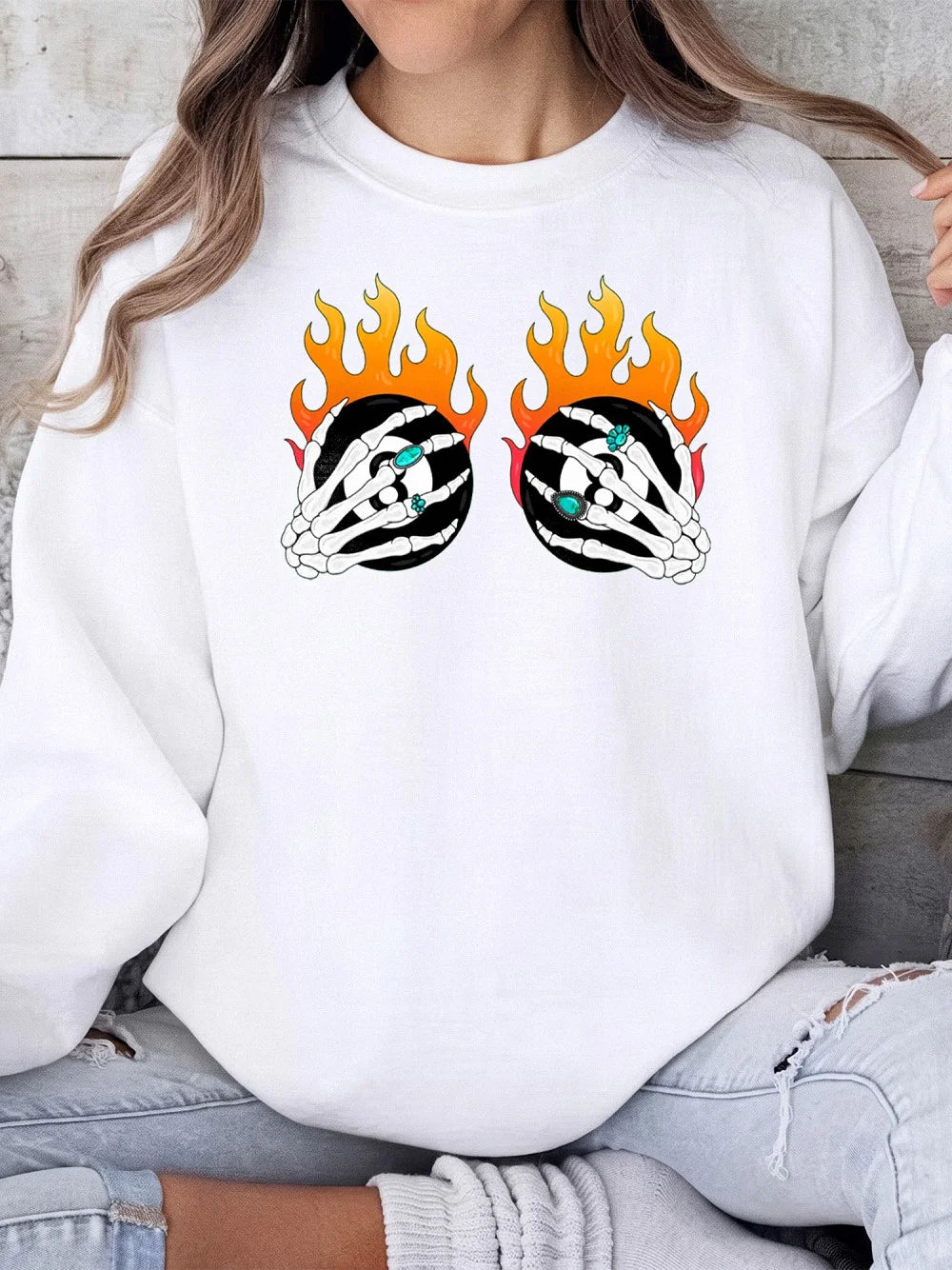 Flaming Skeleton Hands Gothic Sweatshirt Edgy Halloween Streetwear Pullover
