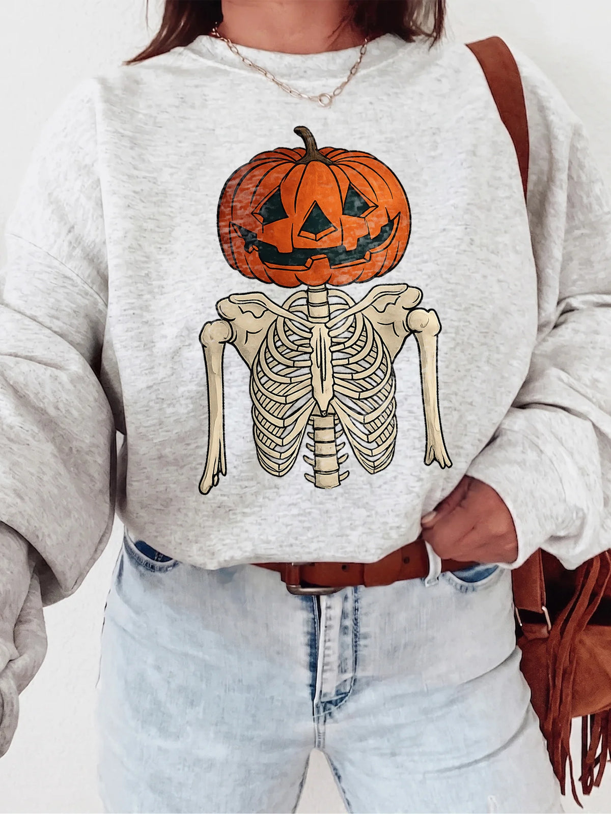 Vintage Skeleton Pumpkin Jack O Lantern Sweatshirt Women's Spooky Halloween Pullover