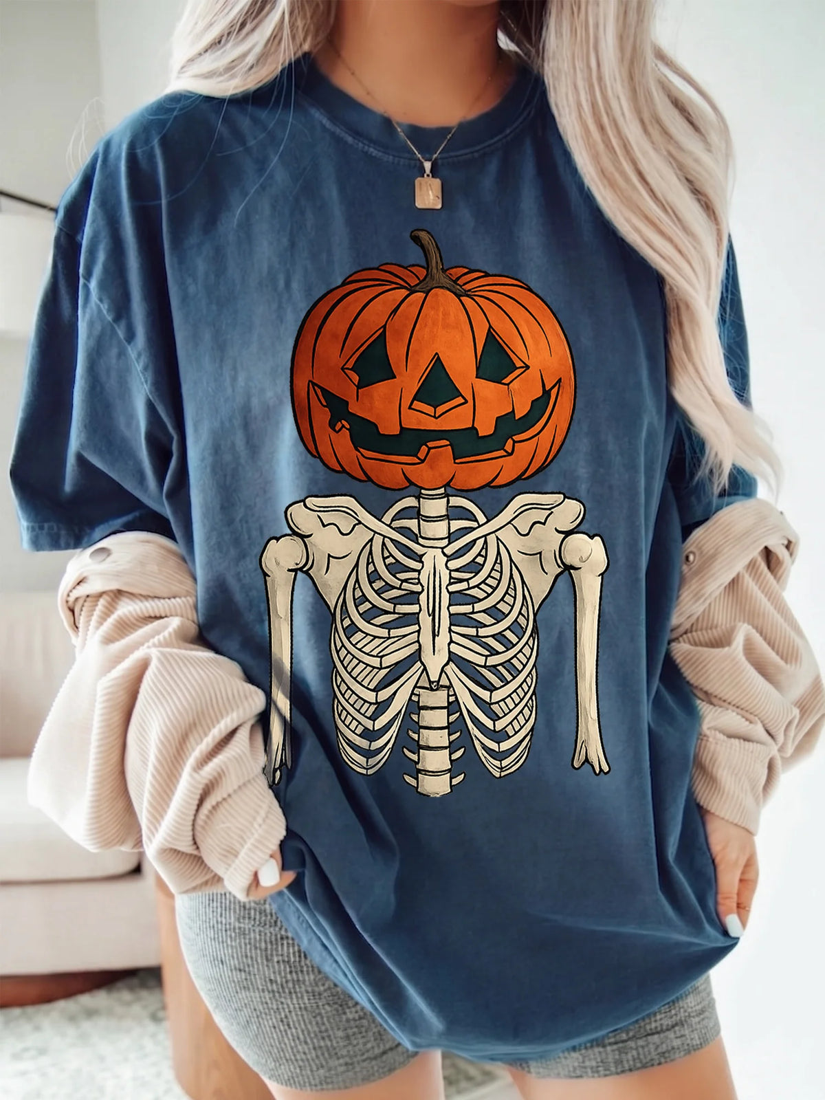 Vintage Skeleton Pumpkin Jack O Lantern Sweatshirt Women's Spooky Halloween Pullover