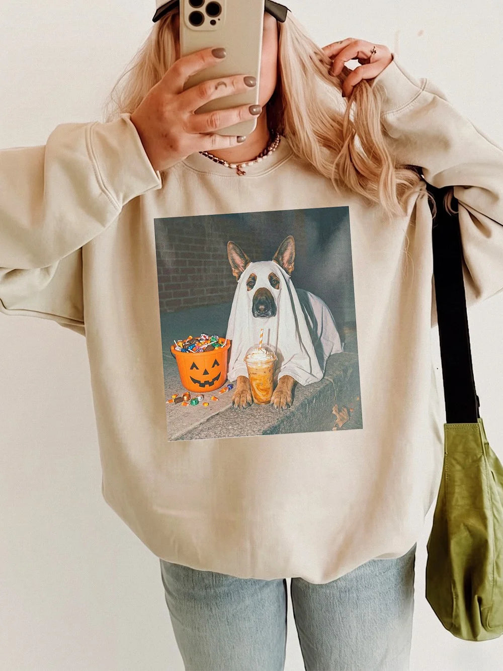 Ghost Dog Halloween Graphic Sweatshirt Spooky Season German Shepherd Crewneck