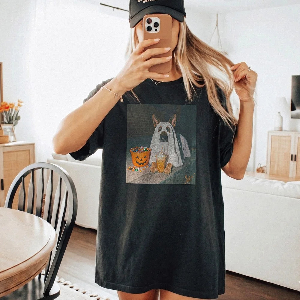Ghost Dog Halloween Graphic Sweatshirt Spooky Season German Shepherd Crewneck