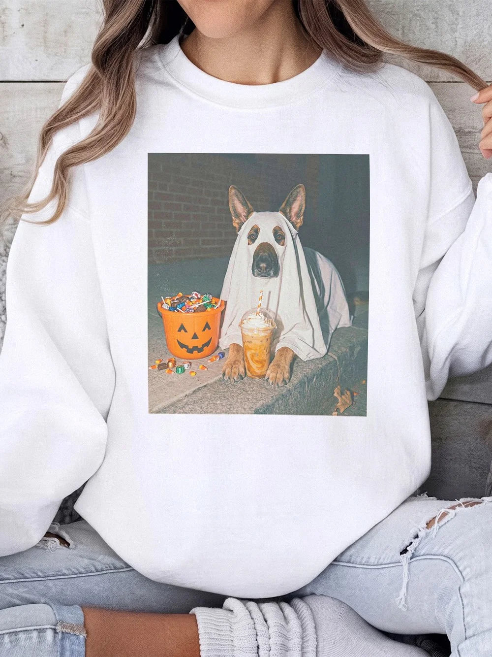 Ghost Dog Halloween Graphic Sweatshirt Spooky Season German Shepherd Crewneck