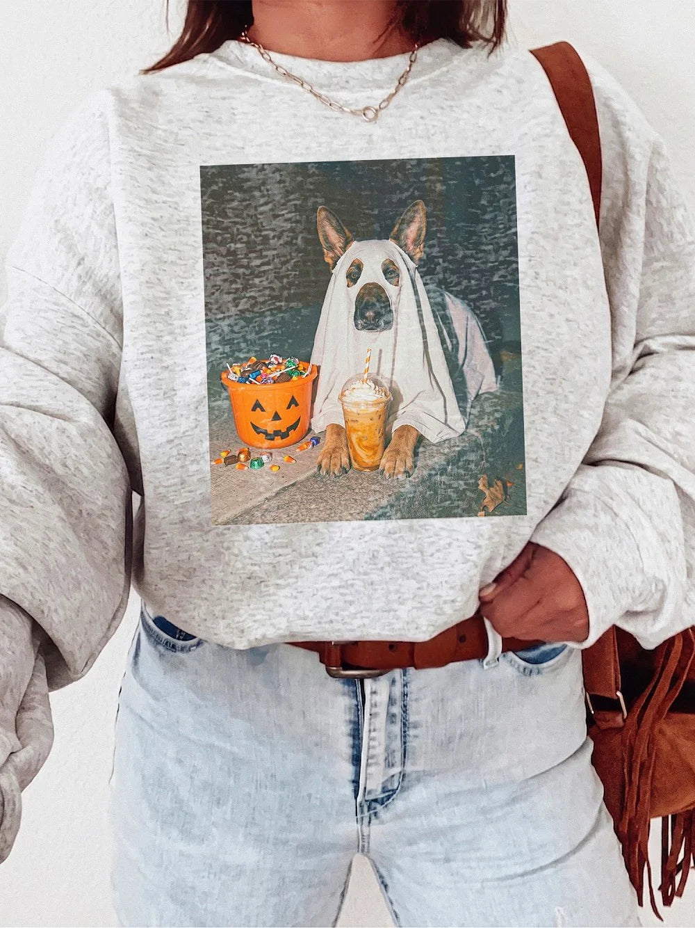 Ghost Dog Halloween Graphic Sweatshirt Spooky Season German Shepherd Crewneck