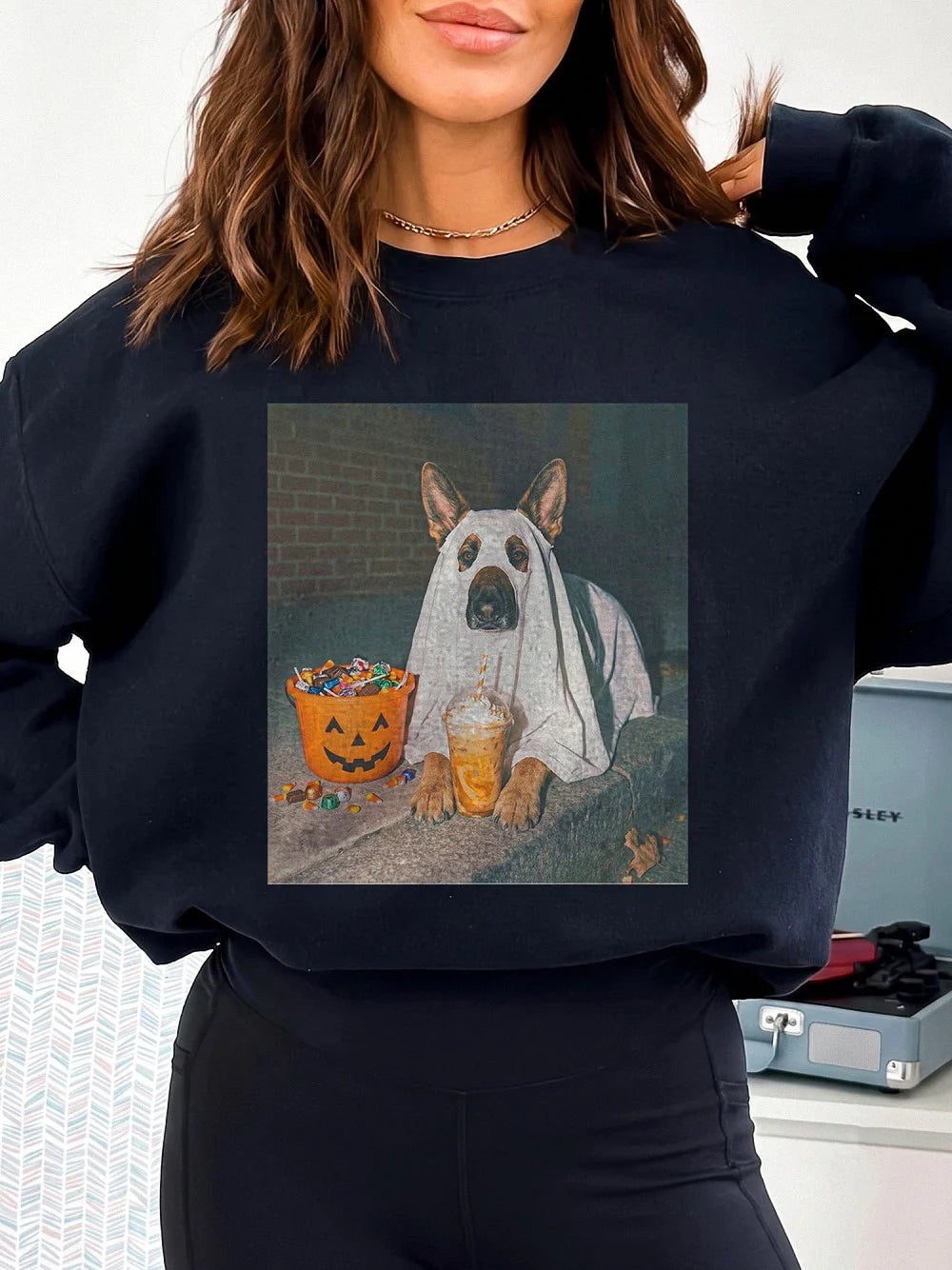 Ghost Dog Halloween Graphic Sweatshirt Spooky Season German Shepherd Crewneck