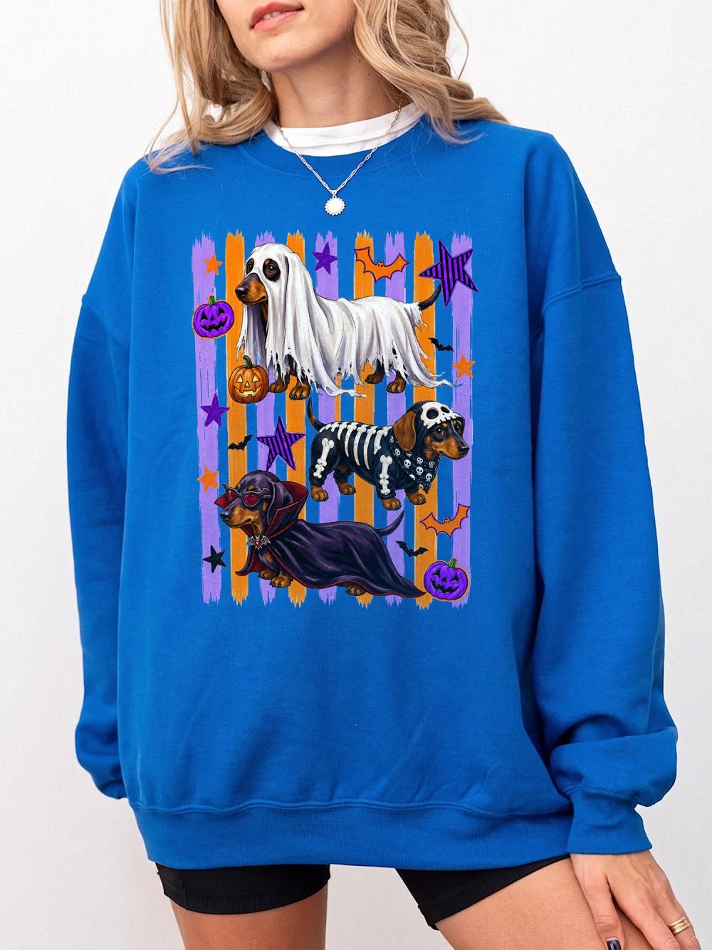 Halloween Dachshund Crewneck Sweatshirt, Spooky Wiener Dog Ghost Skeleton Costume, Cute Fall Pumpkin Pet Apparel Gift