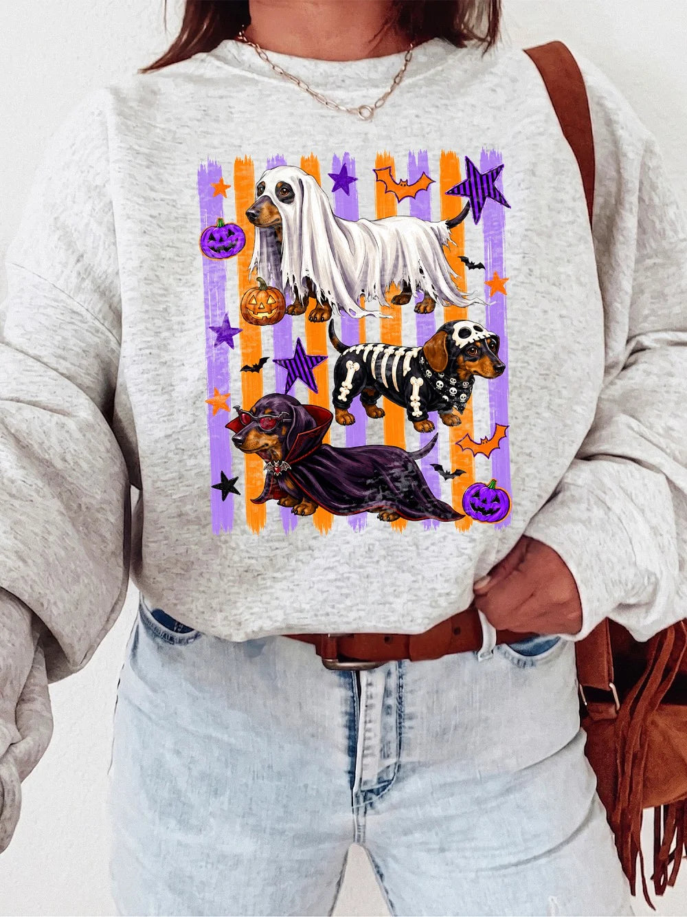 Halloween Dachshund Crewneck Sweatshirt, Spooky Wiener Dog Ghost Skeleton Costume, Cute Fall Pumpkin Pet Apparel Gift
