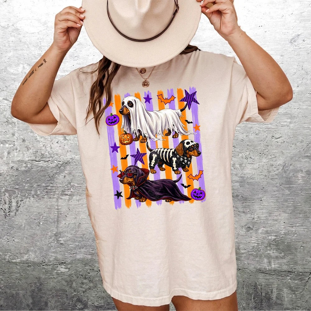 Halloween Dachshund Crewneck Sweatshirt, Spooky Wiener Dog Ghost Skeleton Costume, Cute Fall Pumpkin Pet Apparel Gift