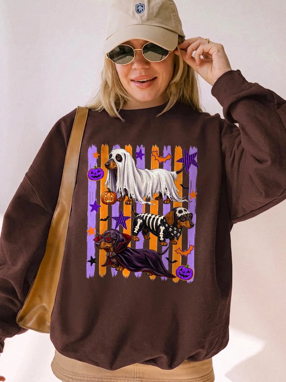 Halloween Dachshund Crewneck Sweatshirt, Spooky Wiener Dog Ghost Skeleton Costume, Cute Fall Pumpkin Pet Apparel Gift