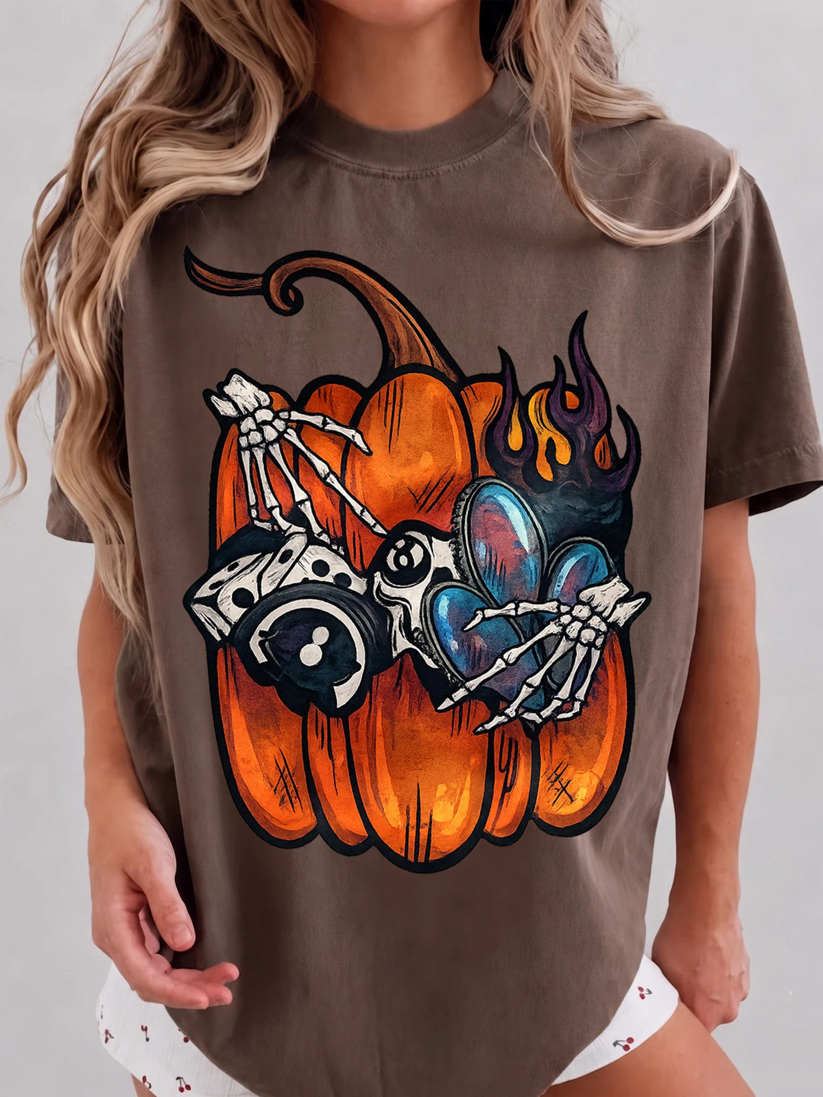 Edgy Pumpkin Skeleton Gas Mask Graphic Tee - Spooky Halloween Streetwear