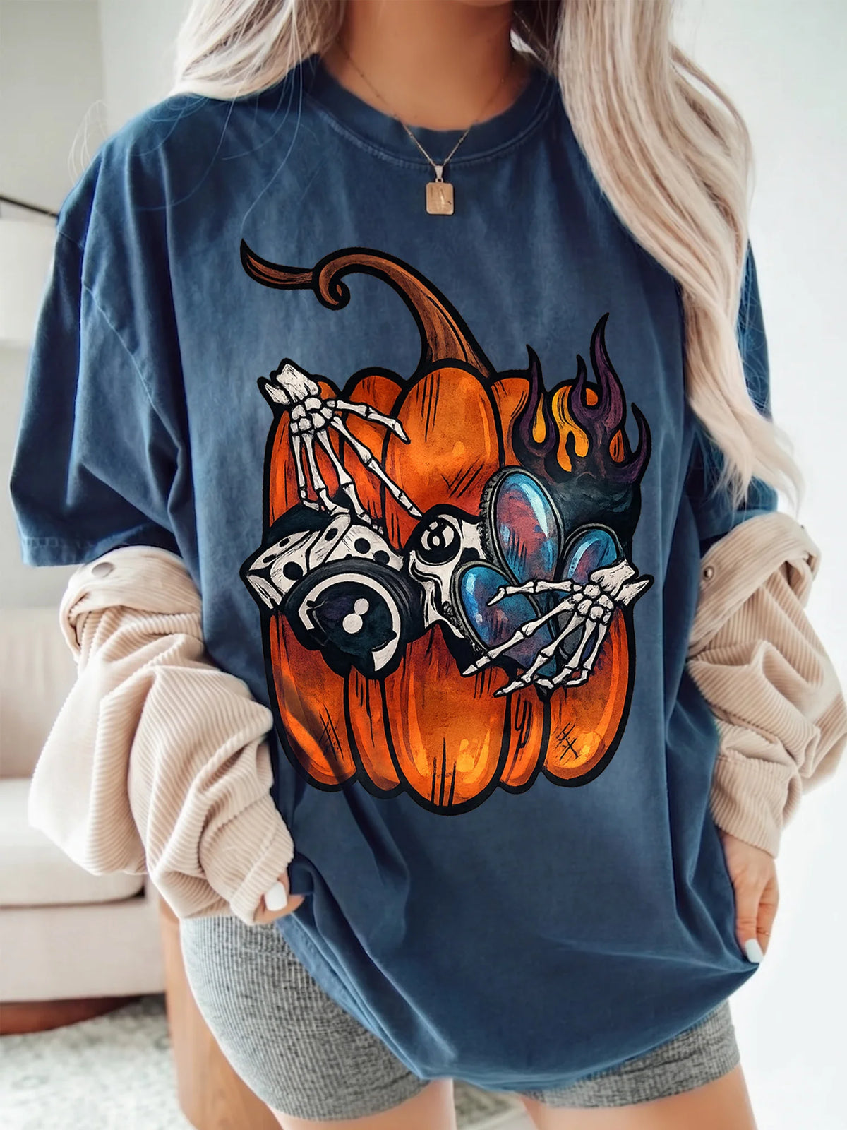 Edgy Pumpkin Skeleton Gas Mask Graphic Tee - Spooky Halloween Streetwear