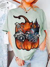 Edgy Pumpkin Skeleton Gas Mask Graphic Tee - Spooky Halloween Streetwear