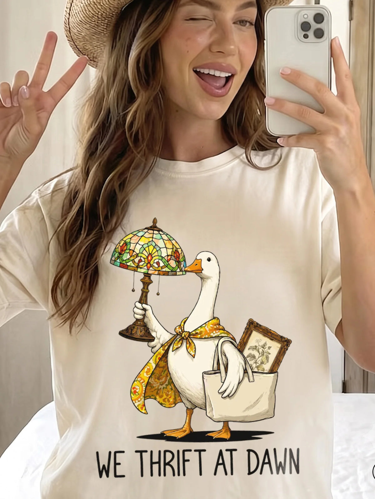 Funny Graphic T-Shirt We Thrift At Dawn Goose Vintage Shopping Tee Thrift Lover Gift