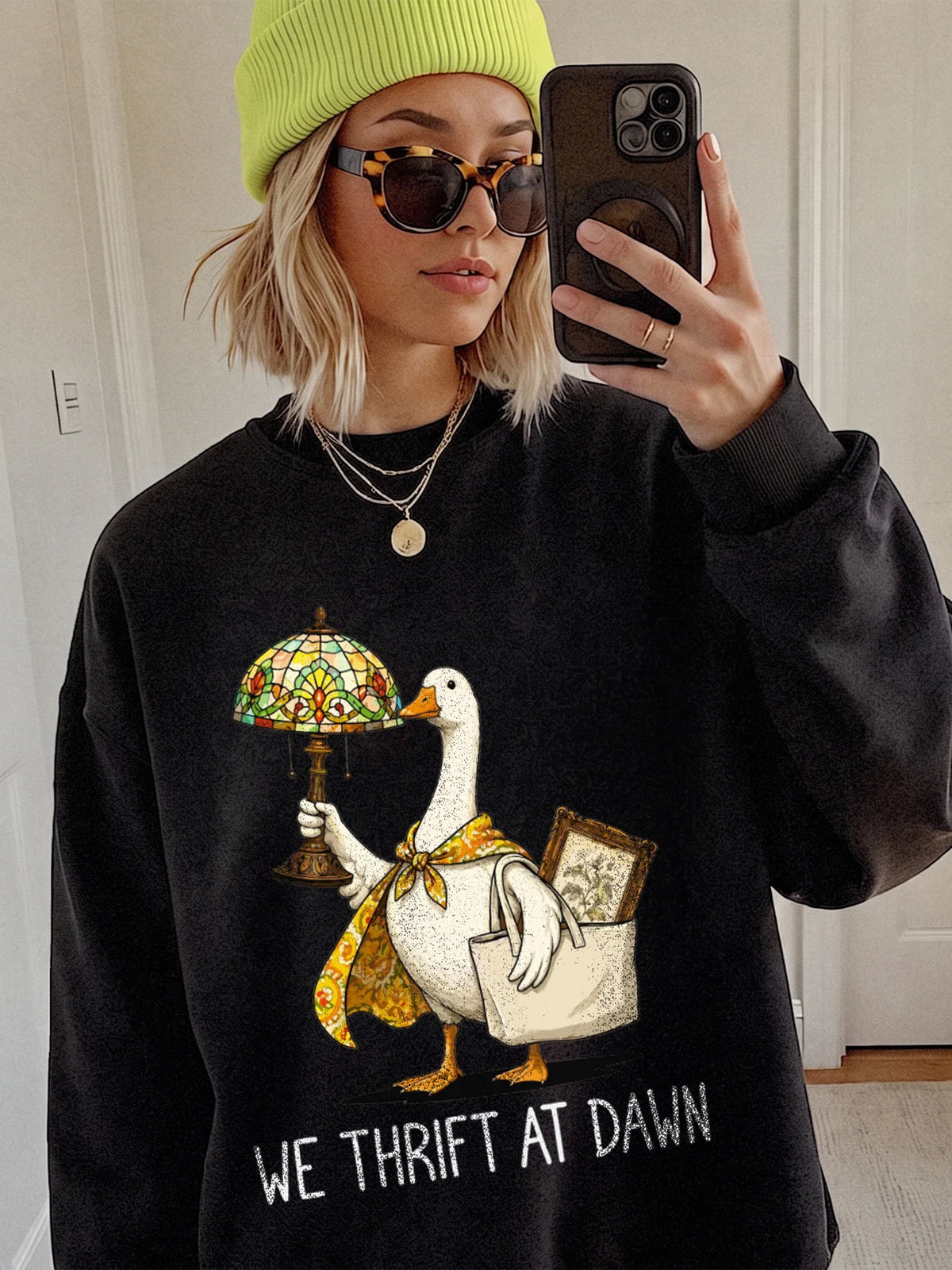 Funny Graphic T-Shirt We Thrift At Dawn Goose Vintage Shopping Tee Thrift Lover Gift