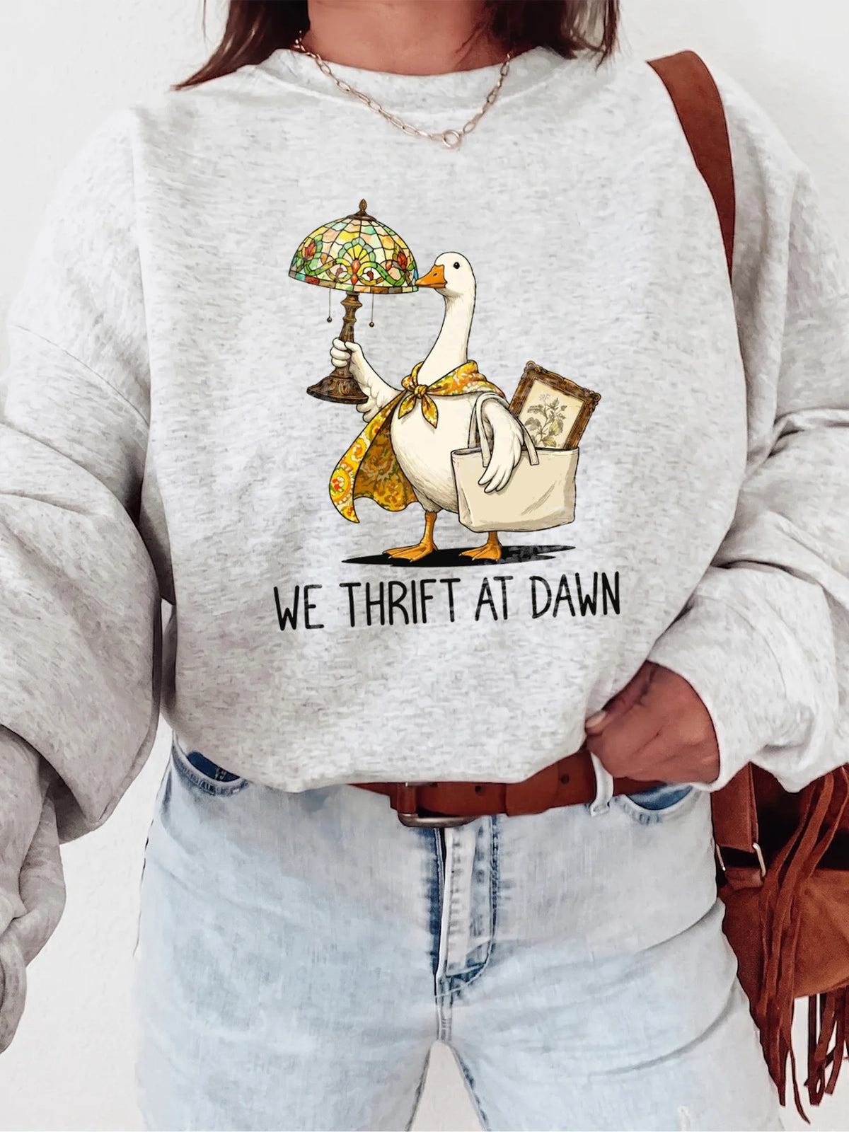 Funny Graphic T-Shirt We Thrift At Dawn Goose Vintage Shopping Tee Thrift Lover Gift