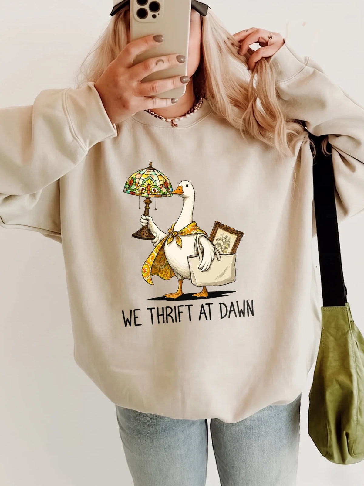 Funny Graphic T-Shirt We Thrift At Dawn Goose Vintage Shopping Tee Thrift Lover Gift